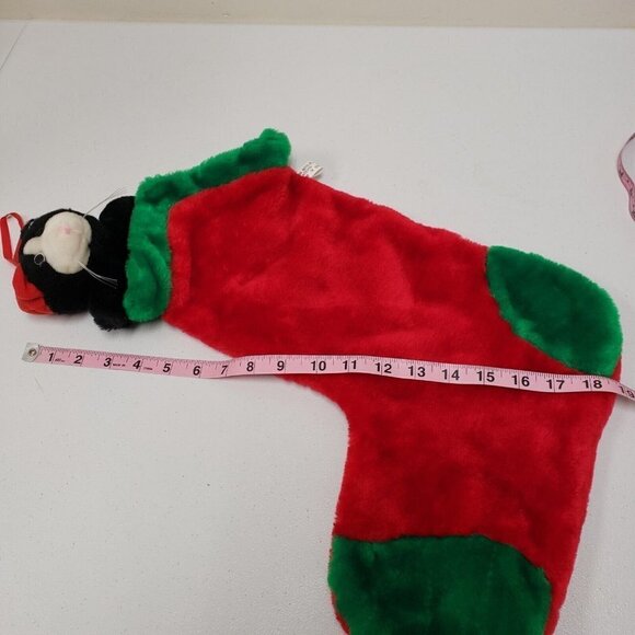 Black White Kitty Cat Christmas Holiday Stocking Felt Eyes Red Hat Plush - Picture 6 of 10